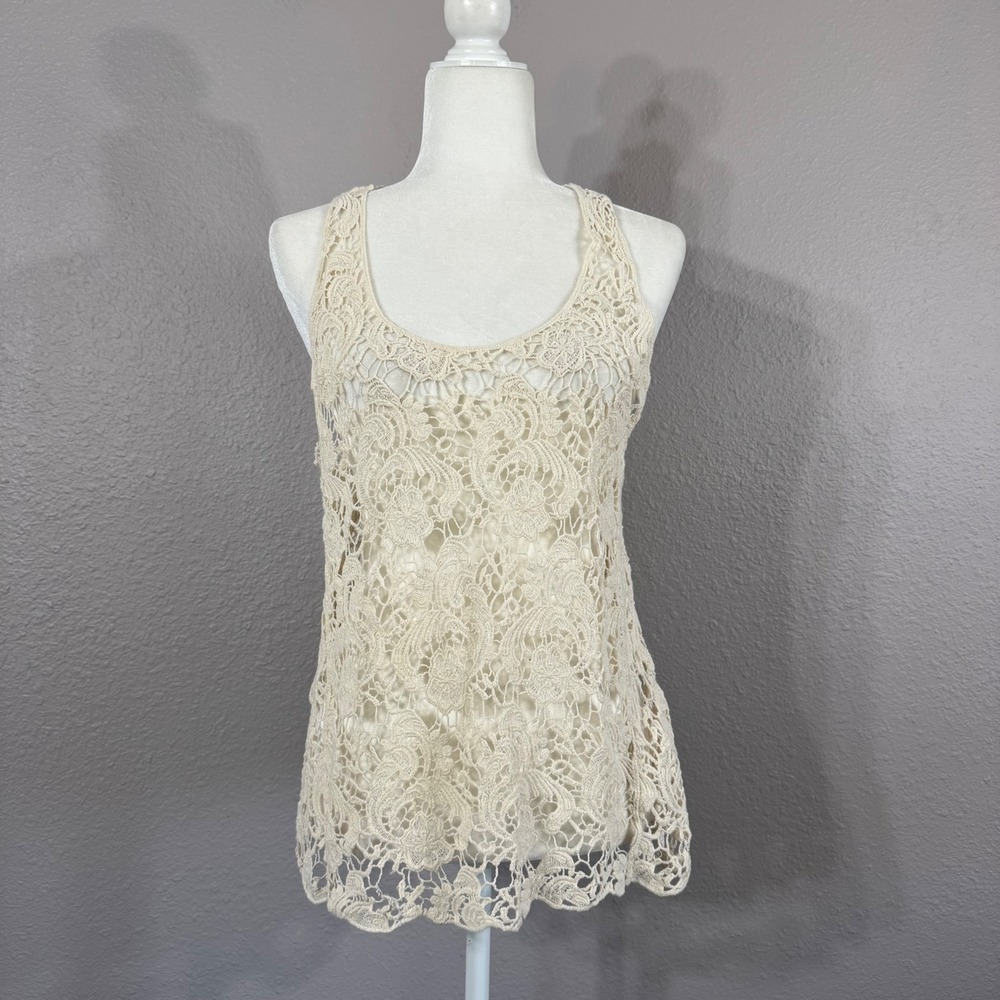 New Directions Women's Size M‎ Cream Crochet Lace Floral Racerback Tank Top